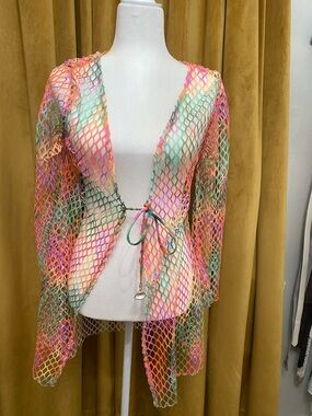 BECCA Multicolor Mesh Tie-Front Swim Coverup NWT